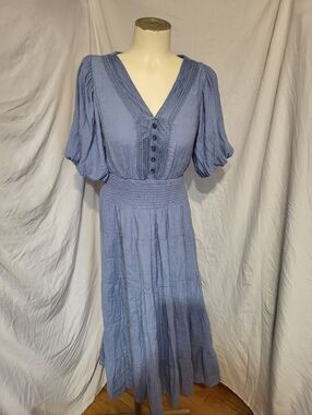 Kings Road Blue V-Neck Puff Sleeve Maxi Dress with Smocked Waist, Size Large